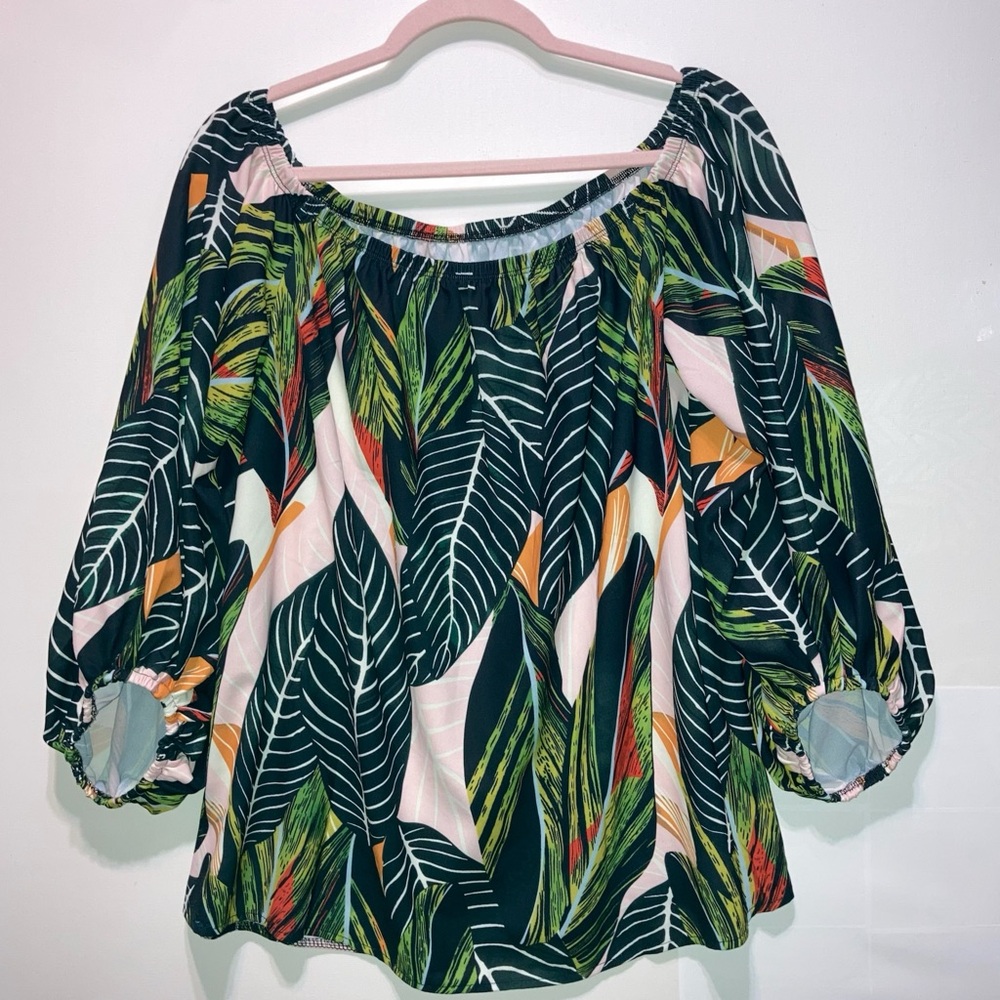 Off Shoulder Blouse XL Palm Leaves in multicolor Great Condition 11078